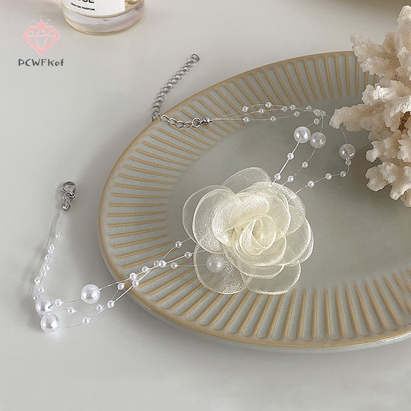 Vòng Cổ choker Ngọc Trai Hoa Trà Đen Trắng Lãng Mạn Mùa Hè Cho Nữ Mới