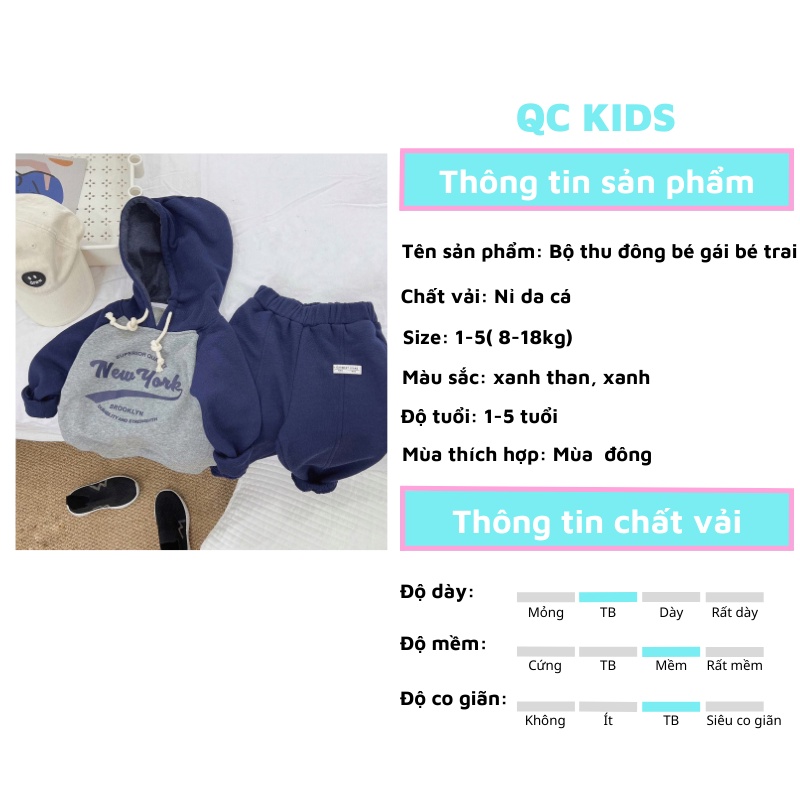 Bộ thu đông bé trai bé gái chất liệu nỉ da cá áo hoodie cho bé 8-18kg