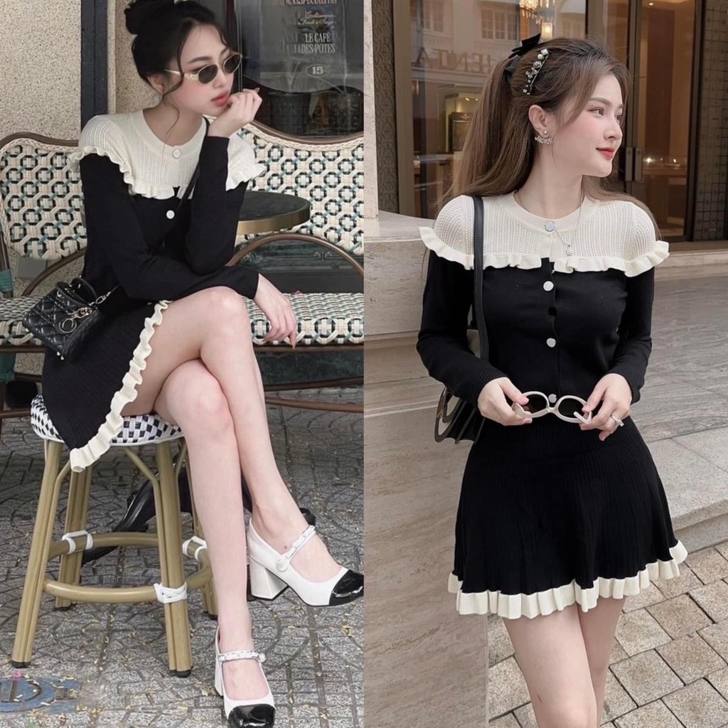 Set Váy Áo Croptop Có Lót Quần Đen Vải Thun Tăm Bigsize 50-100kg