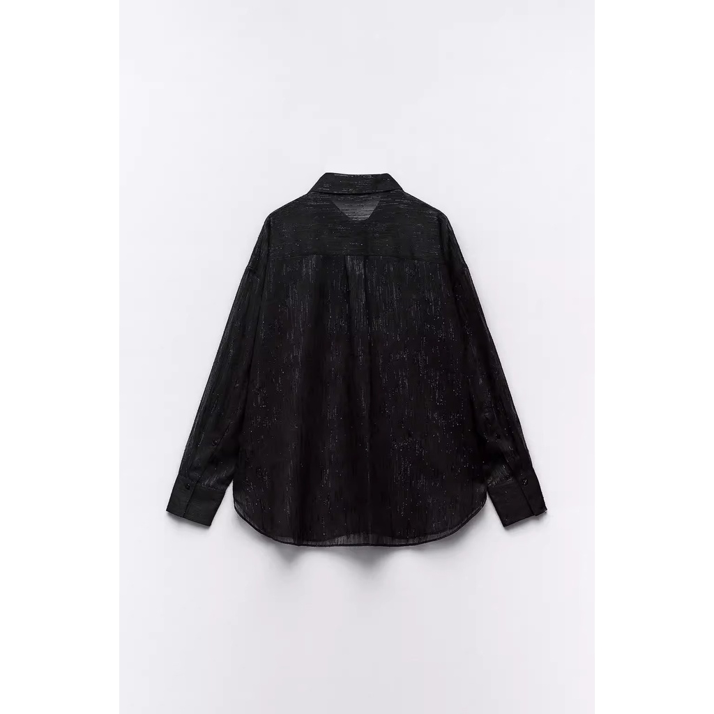 Hàng Mới Về zara Áo Thun Dáng Rộng Màu Đen Phối Đường Chỉ Kim Loại Thời Trang Mùa Đông Cá 7969248