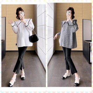 Áo suông áo bầu SƠ MI DÀI TAY VIỀN ĐEN xinh xắn tiểu thư A19