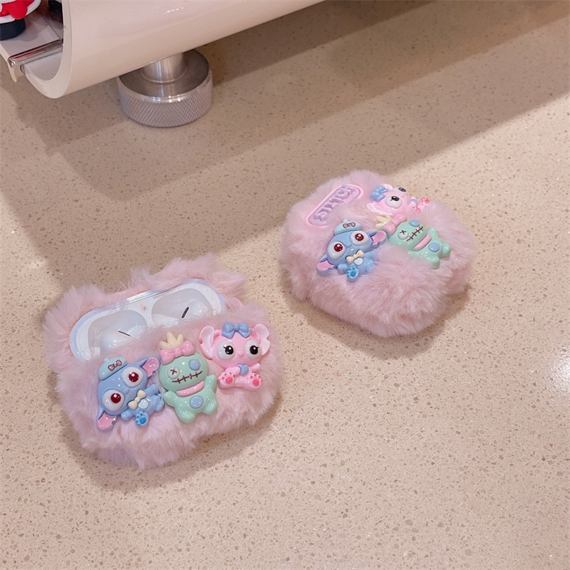 Dễ Thương Vỏ Bảo Vệ Hộp Sạc Tai Nghe airpods 3 2 pro / pro 2 Bằng Lông Mềm Gắn Móc Chống Sốc Hình stitch Thiên Thần 3d