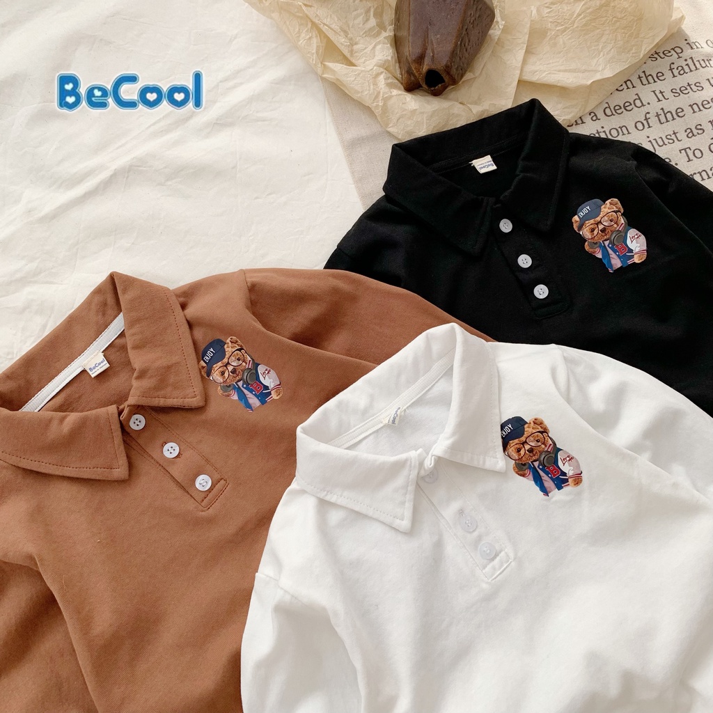 Áo Polo Cổ Bẻ In Hình Chú Gấu Cho Bé Chất Cotton Khô Cao Cấp BeCool, Áo Dài Tay Thu Đông Cho Bé Từ 10-27kg