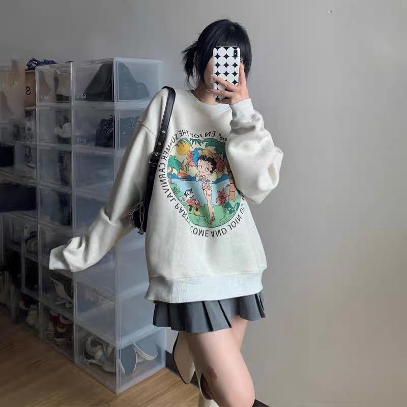 「CZC」Áo Thun Tay Dài Cổ Tròn Dáng Rộng In Hình Cá Tính Hợp Thời Trang