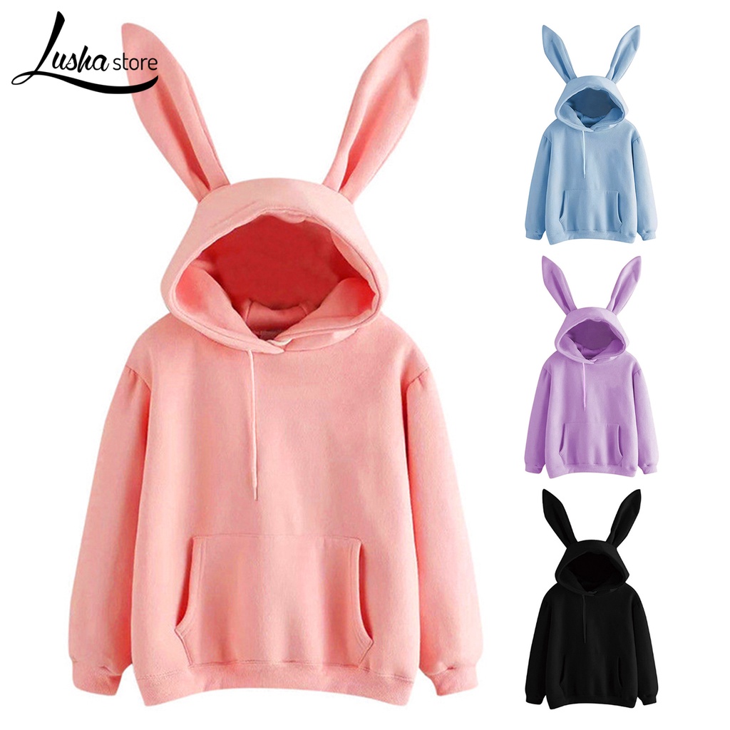 Áo hoodie Tai Thỏ Dài Màu Trơn Ấm Áp Dễ Thương Cho Nữ