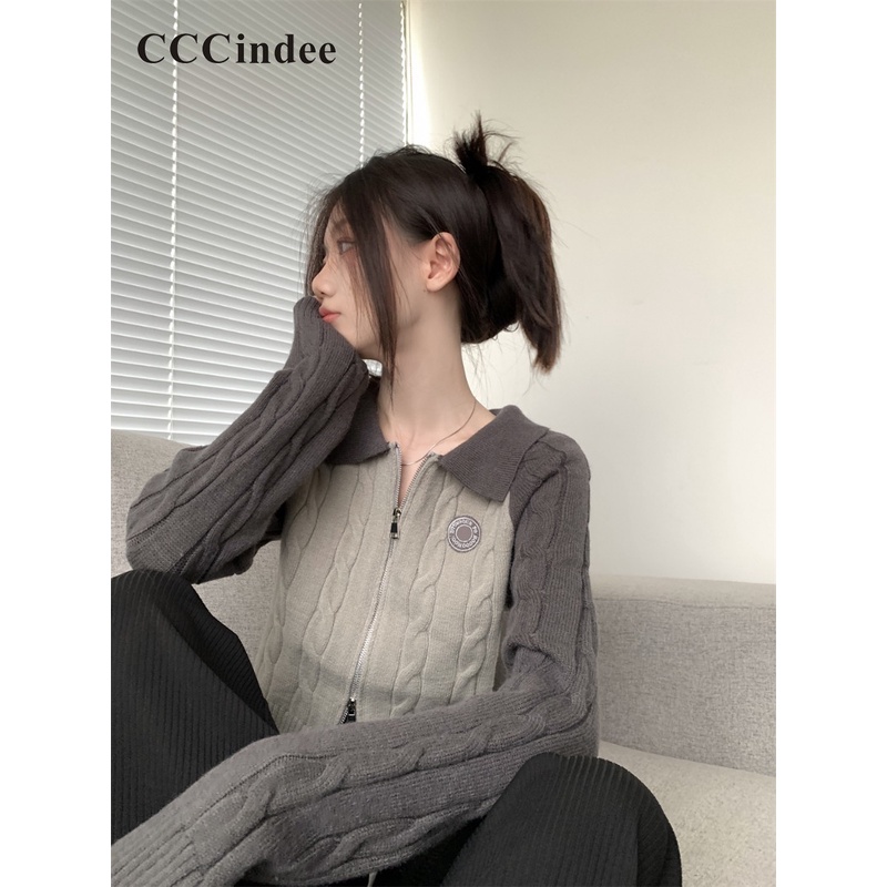 Cccindee Áo Khoác Tay Dài Cổ Bẻ Hai Khóa Kéo Ôm Dáng Màu Tương Phản Thời Trang Mới 2023 Dành Cho Bạn Nữ