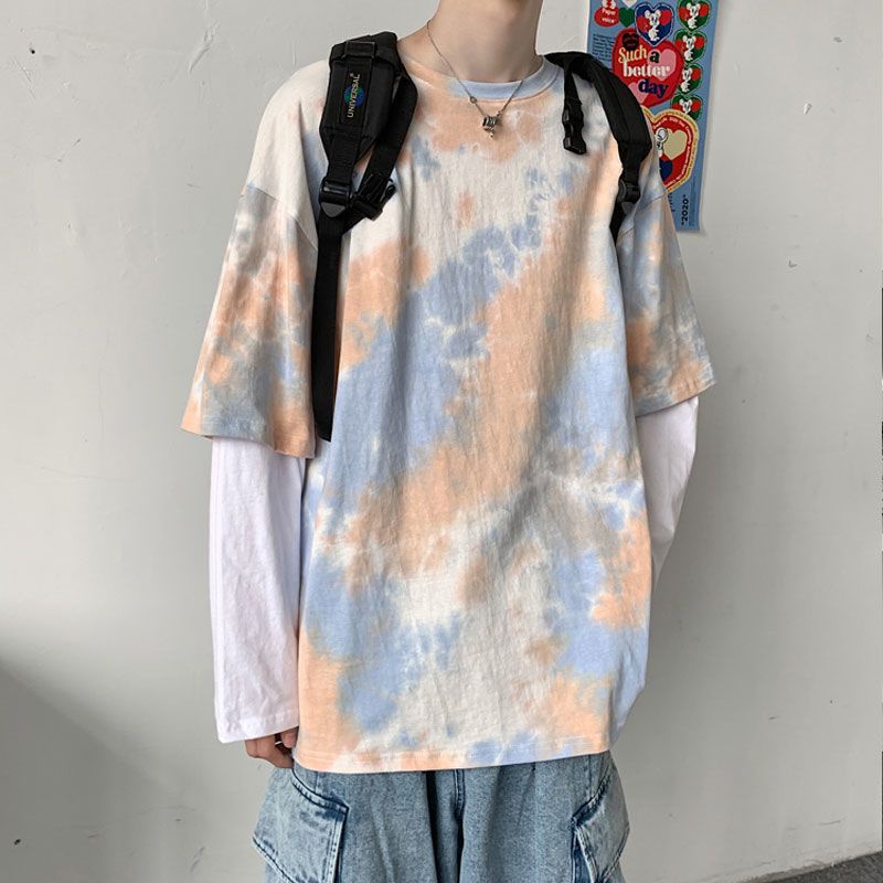 Áo Thun Cổ Tròn Nhuộm Màu Phong Cách hip hop Hàn Quốc Cá Tính Cho Nam