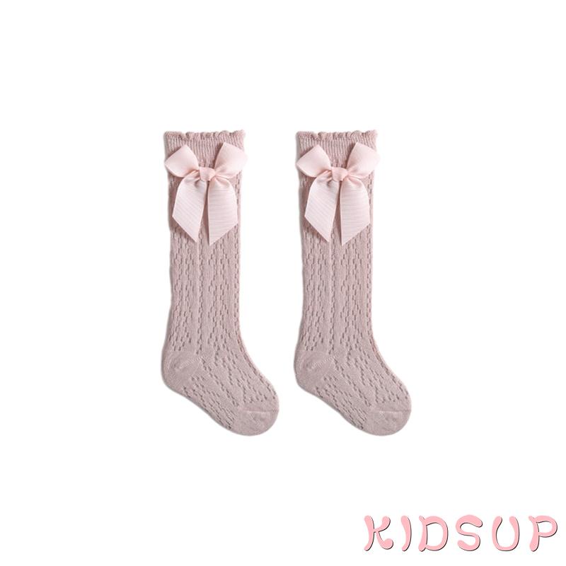 Kidsup1 Vớ Dài Qua Gối Phối Lưới Mỏng Màu Trơn Đính Nơ Kiểu Công Chúa Dễ Thương Cho Bé Gái