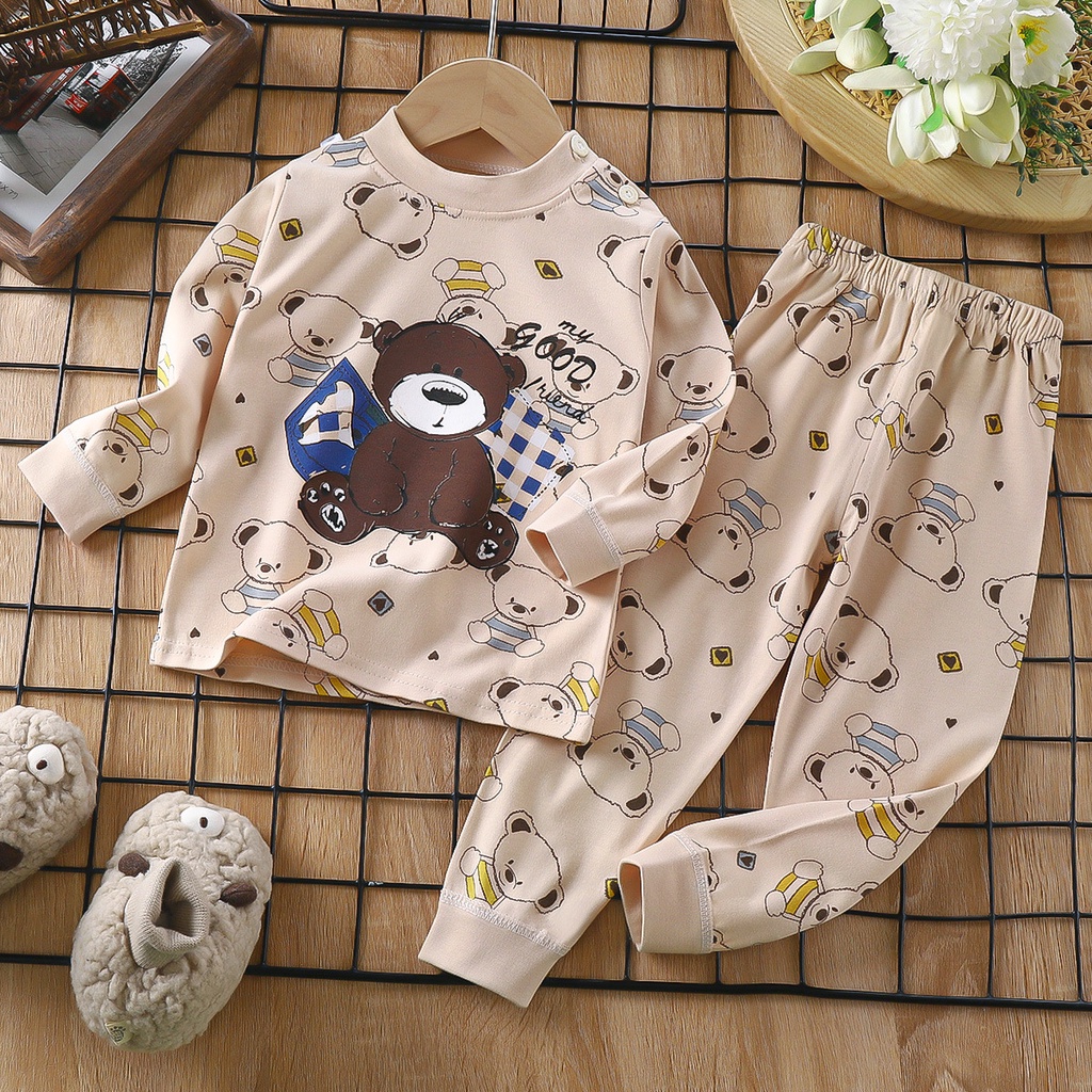 Hoạt Hình Bộ Đồ Ngủ 2 Món Vải cotton Tay Dài In Hình Gấu teddy Dễ Thương Cho Bé