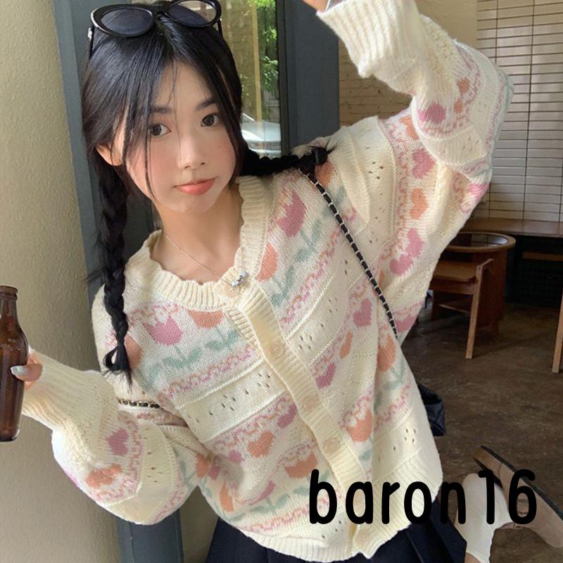 Áo cardigan Dệt Kim Tay Dài Cổ Tròn In Họa Tiết Hoa / Trái Tim Xinh Xắn Thời Trang Mùa Thu Cho Nữ