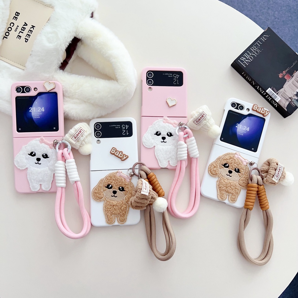Bao Da Điện Thoại Nắp Gập Chống Va Đập Kèm Dây Đeo Tay Thêu Hình Chú Cún Dễ Thương Dành Cho samsung galaxy z Flip 3 Flip 4 Flip 5 Ốp