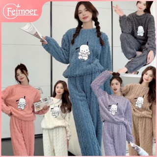 Feimoer Bộ Đồ Mặc Ở Nhà Vải Len Dày Mềm Ấm Áp Tay Dài In Hoạt Hình Cún Hạnh Phúc Thời Trang Thu Đông Cho Nữ