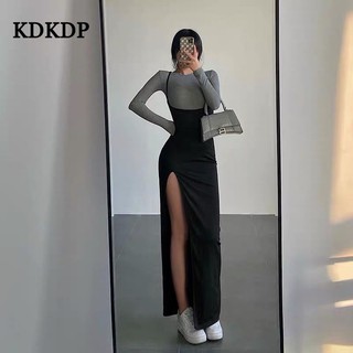 Kdkdp set Áo Thun Ôm Dáng Phối Váy Yếm Xẻ Tà Cao Phong Cách Âu Mỹ Quyến Rũ