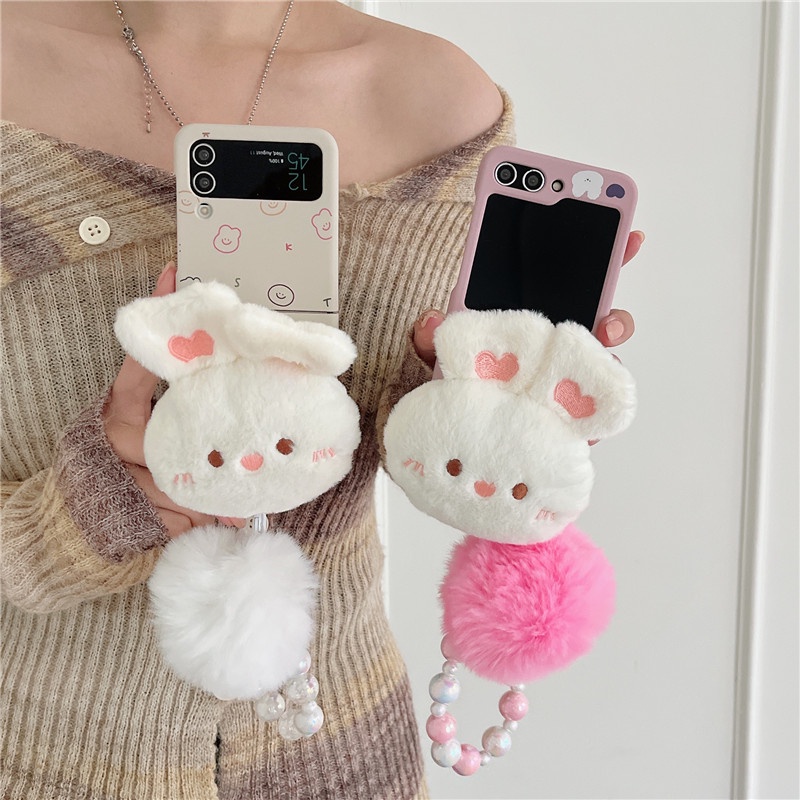Hoạt Hình Ốp Điện Thoại Chống Sốc Có Dây Đeo Tay Và Bóng Lông Thỏ Cho samsung galaxy z flip 4 3 5 samsung z flip5 zflip5