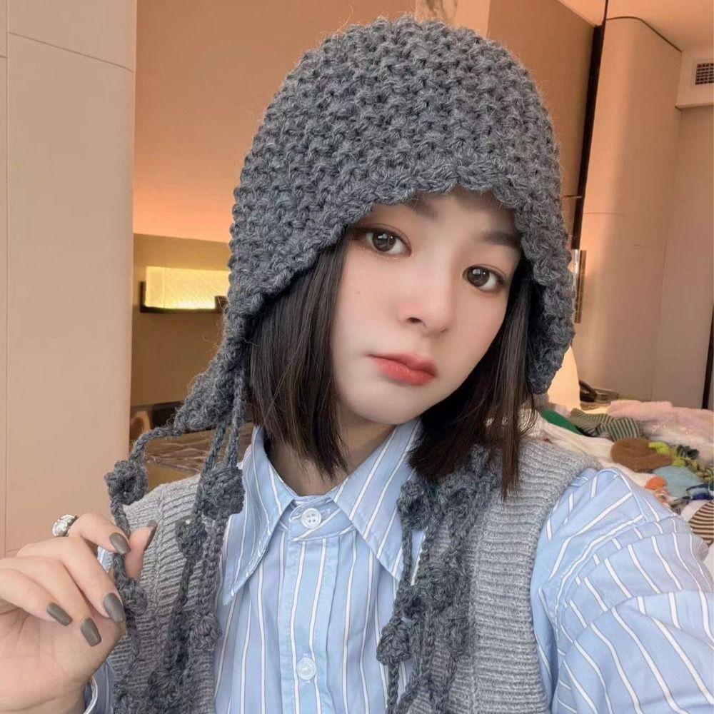 Mũ beanie Dệt Kim Tua Rua Đính Đá Phong Cách Hàn Quốc Bảo Vệ Tai Mừng Năm Mới