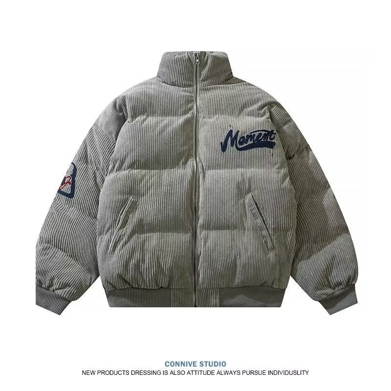 TIDE BEAR Áo Khoác cotton Nhung Kẻ Cổ Đứng Thêu Hình Gấu Phong Cách Hàn Quốc Chất Lượng Cao Giữ Ấm Mùa Đông Cho Nam Và Nữ