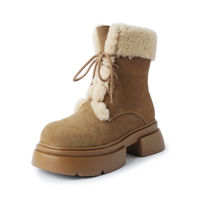 Suding Giày Boot Cao Gót Mũi Tròn Lót Lông Cừu Dày Dặn Thời Trang Thu Đông Phong Cách retro Mới Cho Nữ