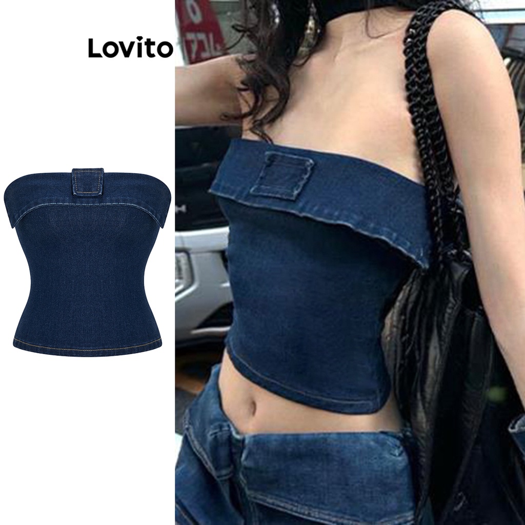 Áo denim Lovito thêu hoa công nghệ wash thô màu trơn thường ngày cho nữ L62ED105 (màu xanh dương)