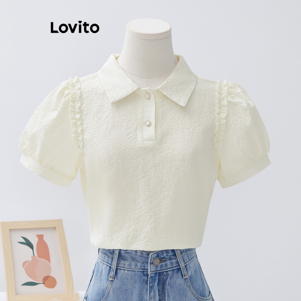 Lovito Áo kiểu trơn có nút xà lách cho nữ L68ED018 (Tắt Trắng/Xanh)