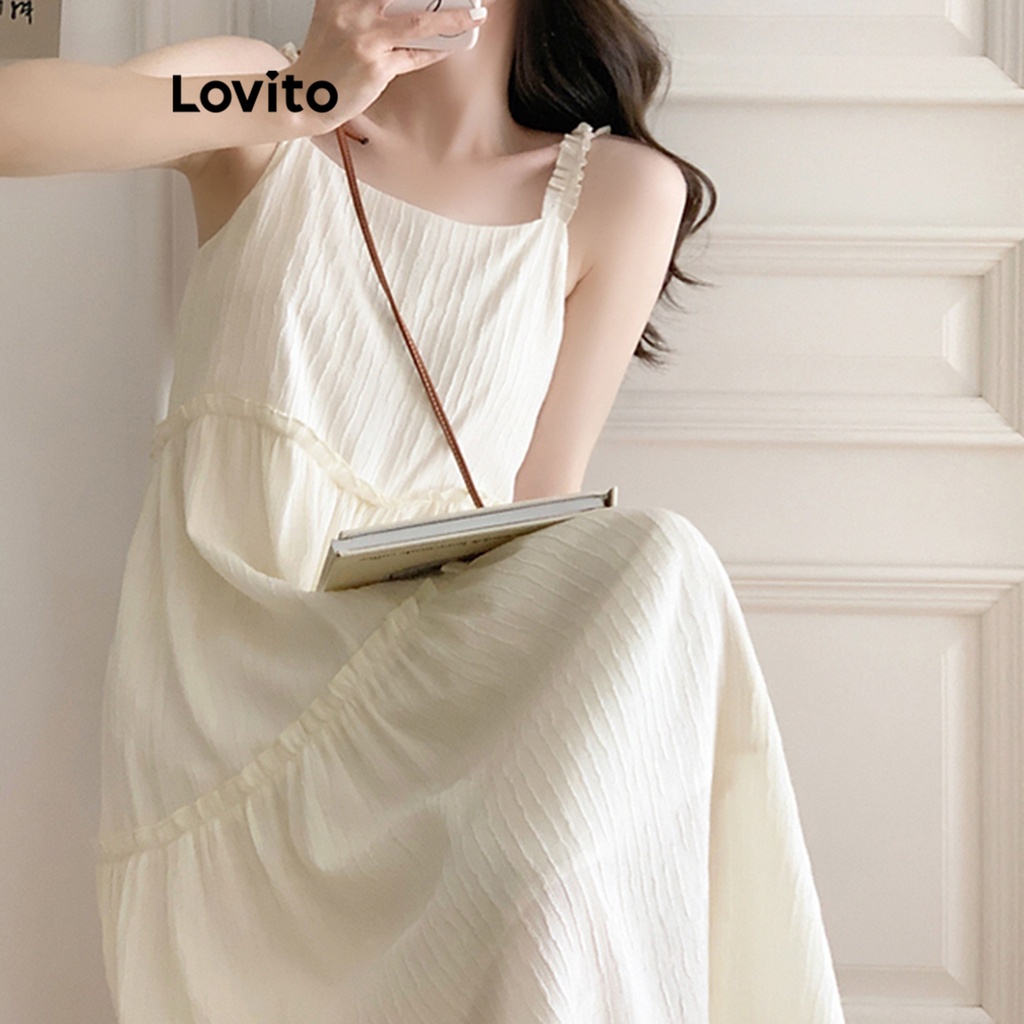 Lovito Váy xếp ly trơn đơn giản cho nữ LNA26273 (Màu trắng ngà)