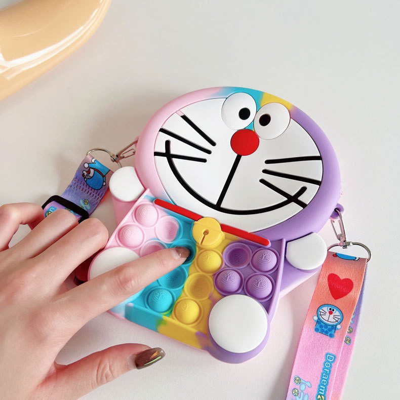 Túi xách đeo chéo silicon pop it hình doraemon thời trang dễ thương, bong bóng giảm căng thẳng