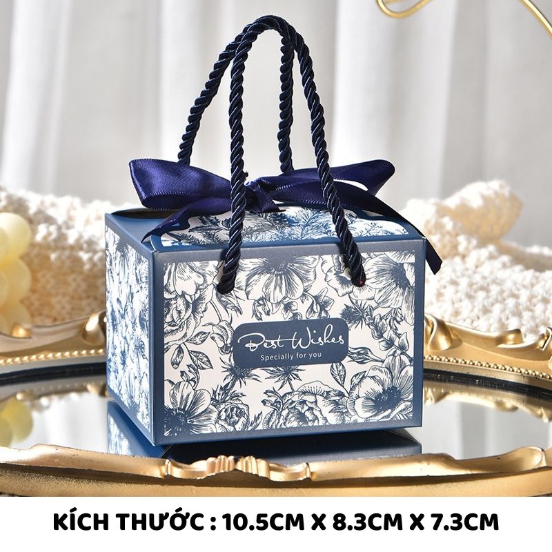 Hộp Quà Tặng Tri Ân Khách Hàng, Hộp Lời Chúc Best Wishes - Có Quai Xách, Nơ Lụa Kích Thước 10.5*8.3*7.3cm