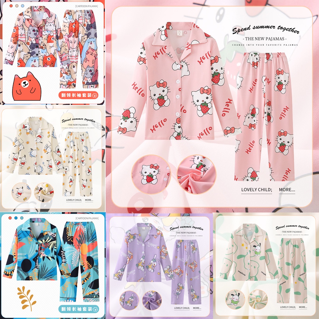 Bộ Đồ Ngủ 2 Món Tay Dài In Hoạt Hình hello kitty Dễ Thương Cho Bé