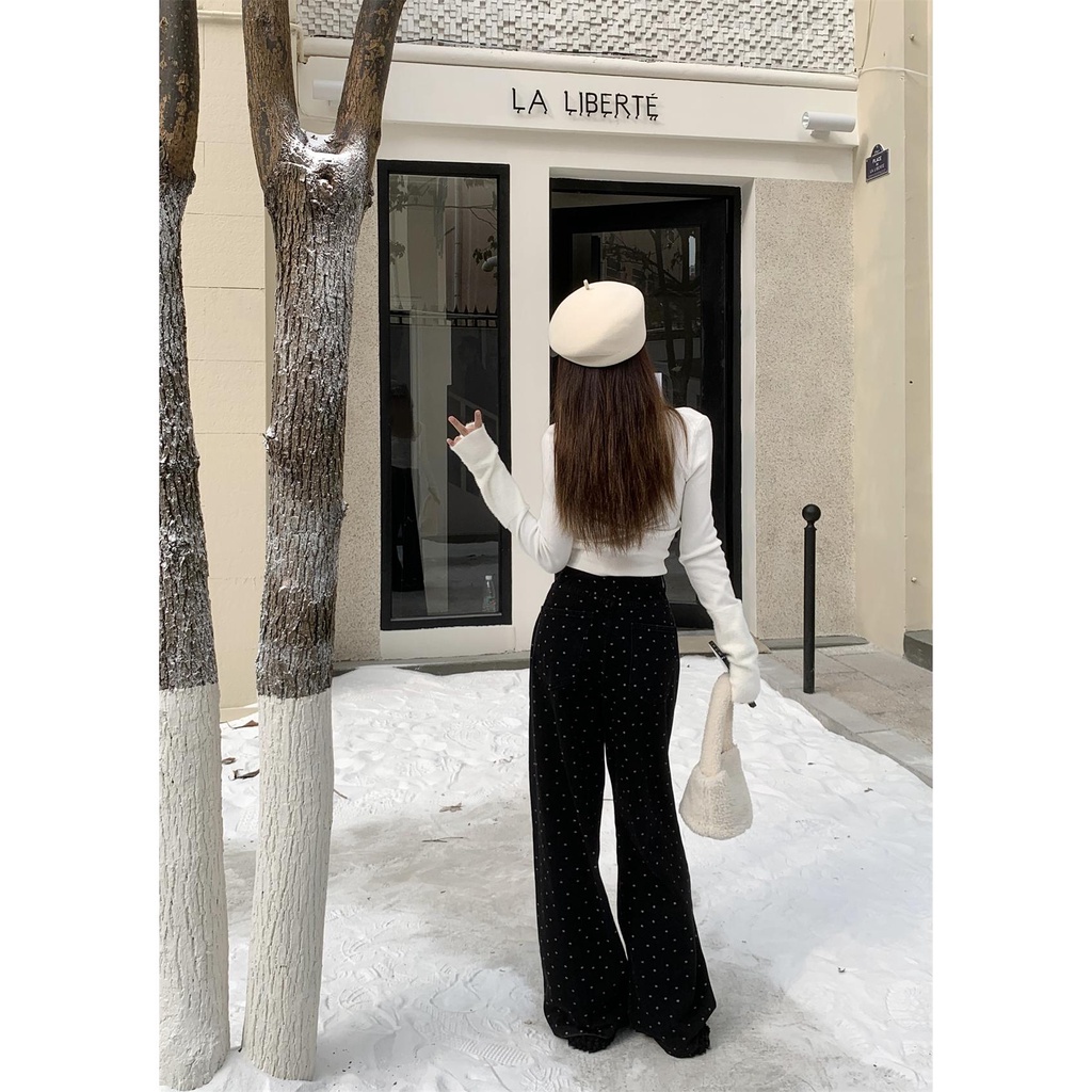 Quần Jean Nữ Ống Rộng Lưng Cao Màu Đen Thời Trang Mùa Đông 2023