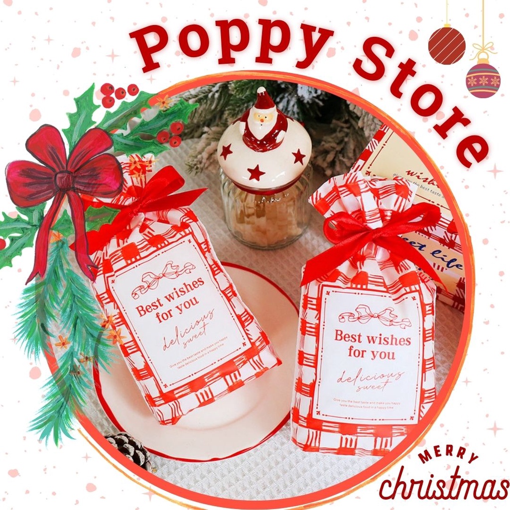 Túi đựng bánh kẹo, túi đựng quà tặng phong cách giáng sinh, túi caro có nơ thắt, set 10 túi - POPPY STORE