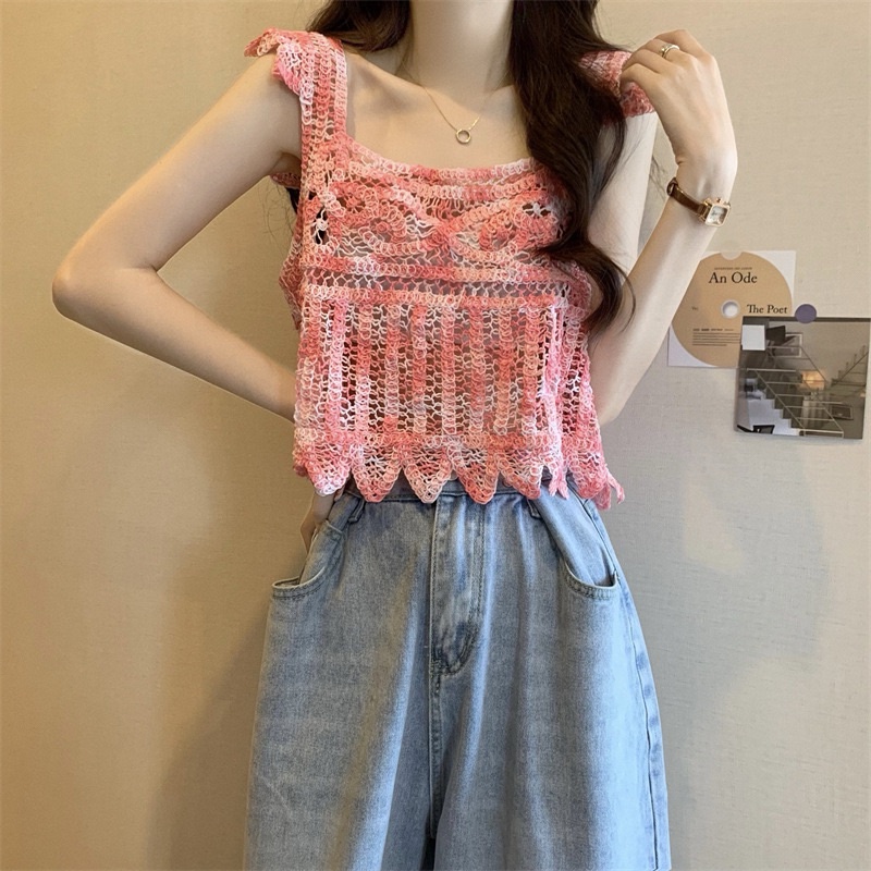 Áo 2 dây nữ mùa hè, áo 2s cánh tiên sợi móc sắc màu đi biển 2023