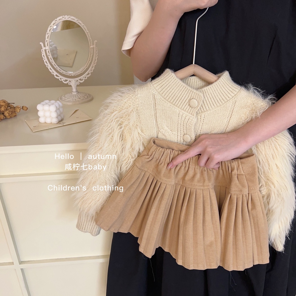 ÁO CADIGAN LEN PHỐI LÔNG MIX CHÂN VÁY DẠ XẾP LY CHO BÉ- HÀNG QCCC