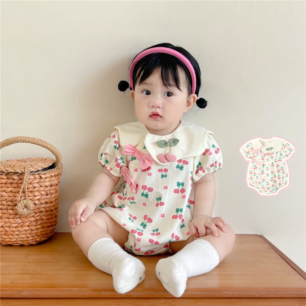 Bộ Áo Liền Quần Bằng cotton Tay Ngắn In Họa Tiết cherry Dễ Thương Thời Trang Mùa Hè Cho Bé Gái Sơ Sinh 0-24 Tháng Tuổi