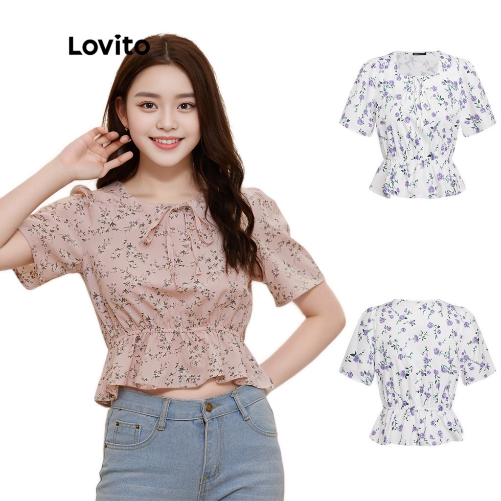 Lovito Áo Kiểu Hoạ Tiết Hoa Viền Ren L20D108 (Màu Hồng Nhạt)