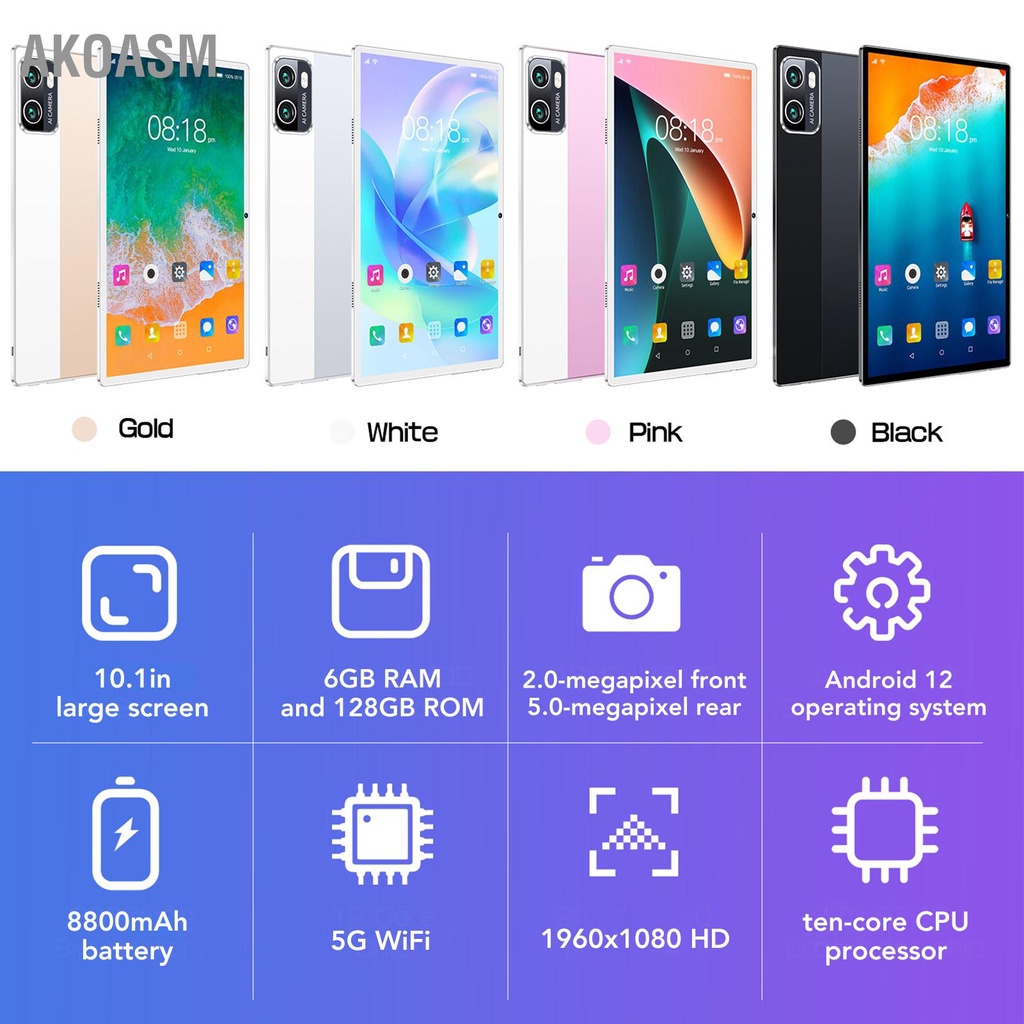 AKOASM Máy tính bảng 10.1in cho Android12 5G WiFi 6GB 128GB Mặt trước 200W sau 500W 1960x1080 IPS 10 Core 8800mAh gọi điện 100‑240V Màu đen