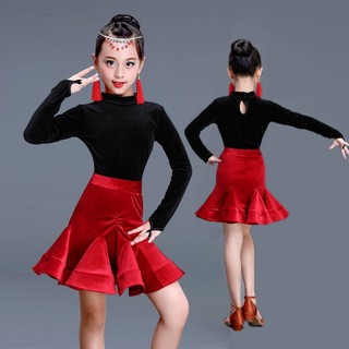 Đầm khiêu vũ Latin cho trẻ em, Trang phục khiêu vũ dài tay, Váy khiêu vũ bé gái, Trang phục nhung, Váy khiêu vũ cạnh tranh chia đôi