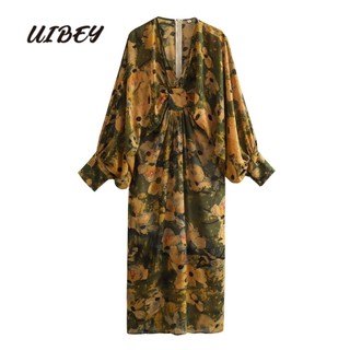 Uibey Đầm Tay Dài Cổ Chữ v In Họa Tiết Thời Trang 5165
