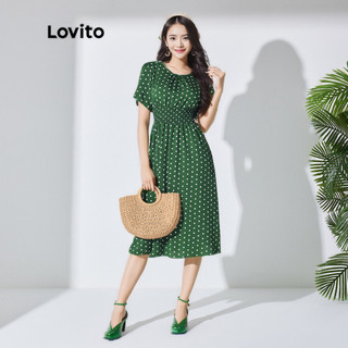 Đầm Lovito lai bèo xếp nếp dún thun chấm bi thường ngày cho nữ LBL07179