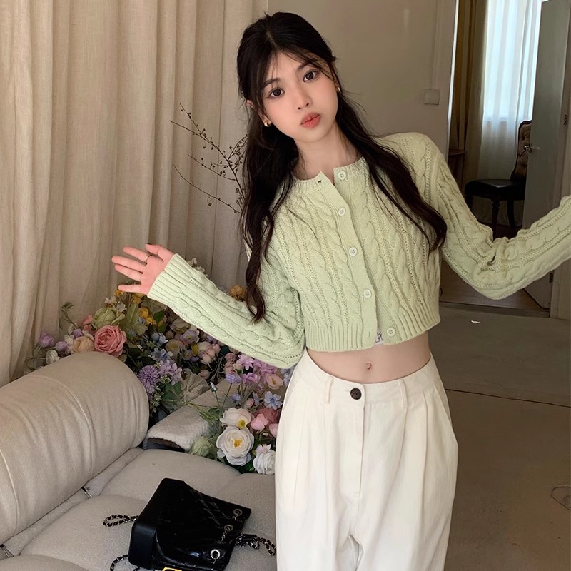 Áo Khoác cardigan Dệt Kim Dáng Ngắn Tay Dài Màu Sắc Đơn Giản Thời Trang Cho Nữ