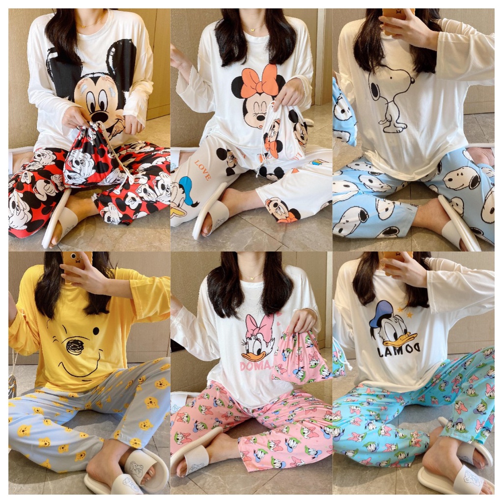 Hoạt Hình Bộ Đồ Ngủ Cổ Tròn Tay Dài In Hình Chuột mickey / Thỏ / Gấu winnie Dễ Thương