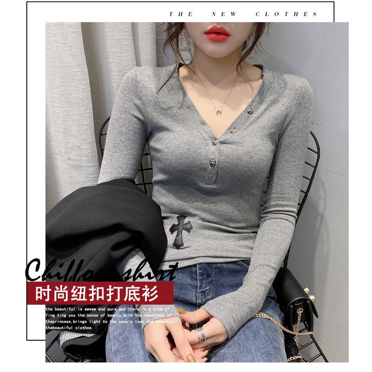 Áo Thun Tay Dài Cổ Chữ v Dáng Ôm Phong Cách Châu Âu Thời Trang Xuân Thu Cho Nữ