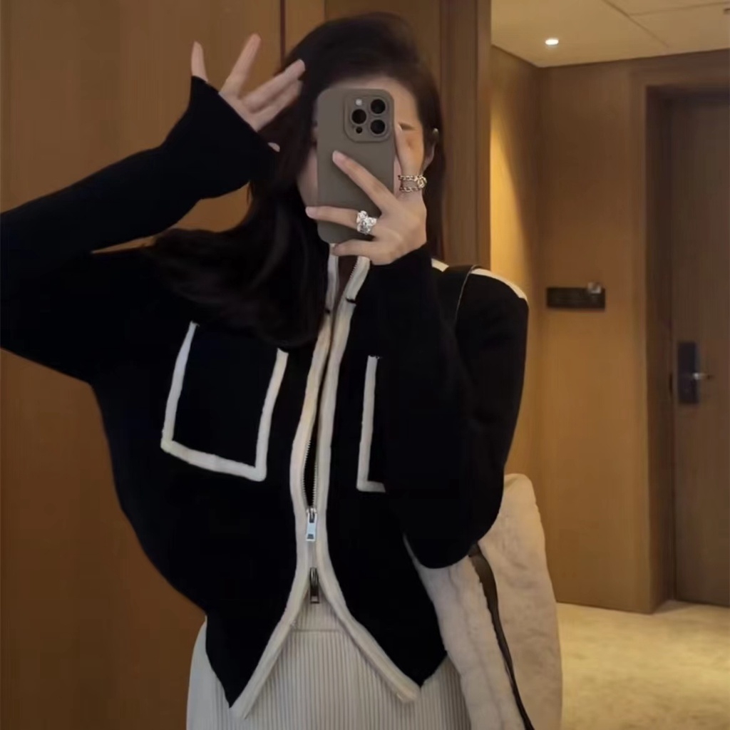 Sugemiusi Áo Khoác cardigan Dệt Kim Hai Đầu Phối Khóa Kéo Phong Cách chanel Thời Trang Thu Đông Dành Cho Nữ