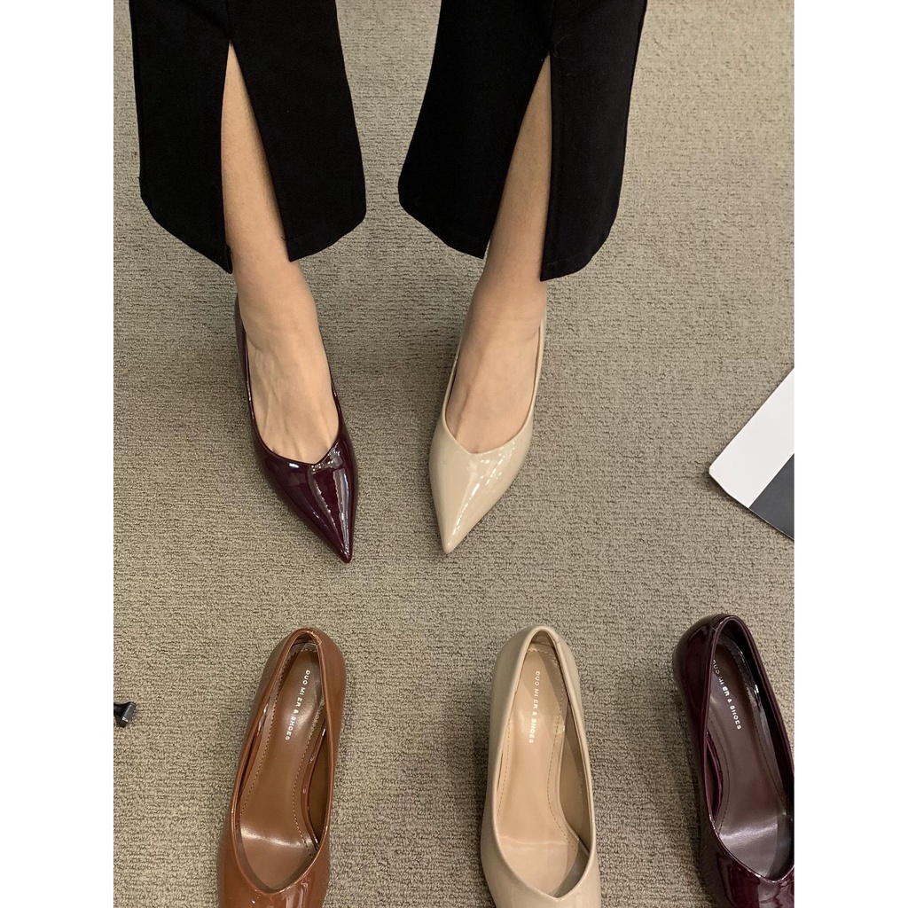 Giày Cao Gót Da Bóng Mũi Nhọn Màu nude Thời Trang Hàn Quốc 2023