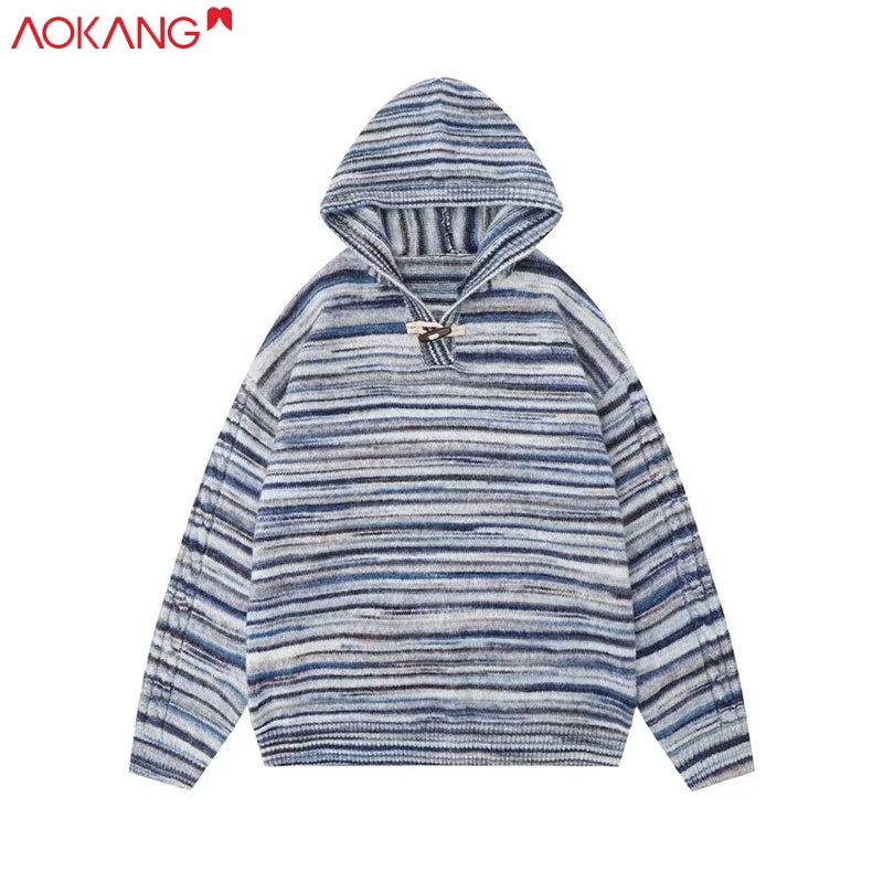 Aokang Áo Hoodie Dệt Kim Dáng Rộng Họa Tiết Kẻ Sọc Phong Cách retro Mỹ Cho Nam Nữ
