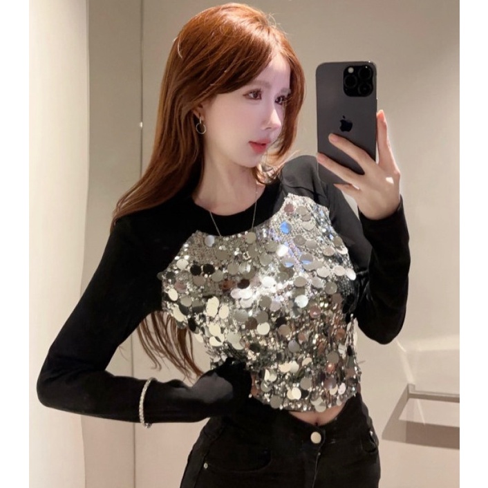 Áo Thun Tay Dài Đính Kim Sa Lấp Lánh Dễ Phối Đồ Thời Trang Mùa Thu