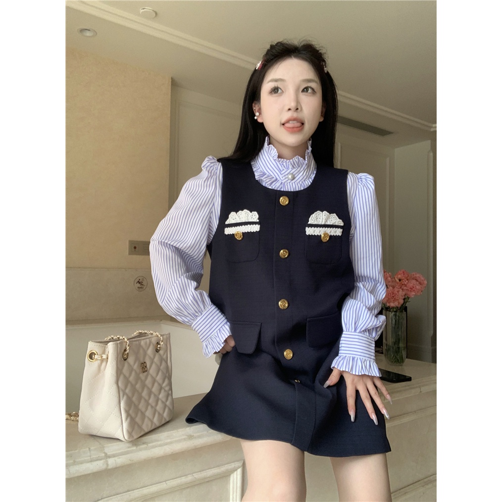 Đầm Sơ Mi Thiết Kế Nhiều Lớp Họa Tiết Kẻ Sọc Thời Trang Xuân Thu 2023 Mới Cho Nữ
