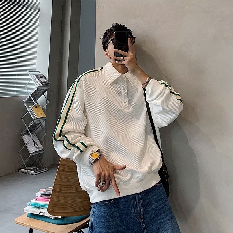 Áo sweater polo Dáng Rộng Họa Tiết Kẻ Sọc Màu Tương Phản Thời Trang Cho Nam