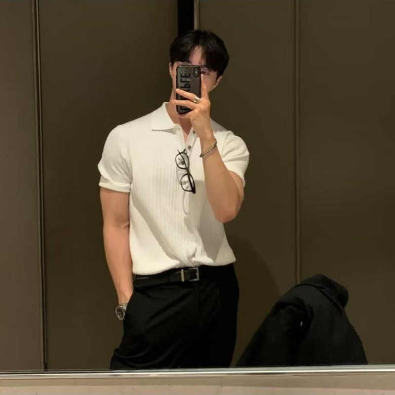 Áo Thun polo Dệt Kim Tay Ngắn Dáng Rộng Màu Sắc Đơn Giản Phong Cách hong kong Thời Trang Mùa Hè Cho Nam