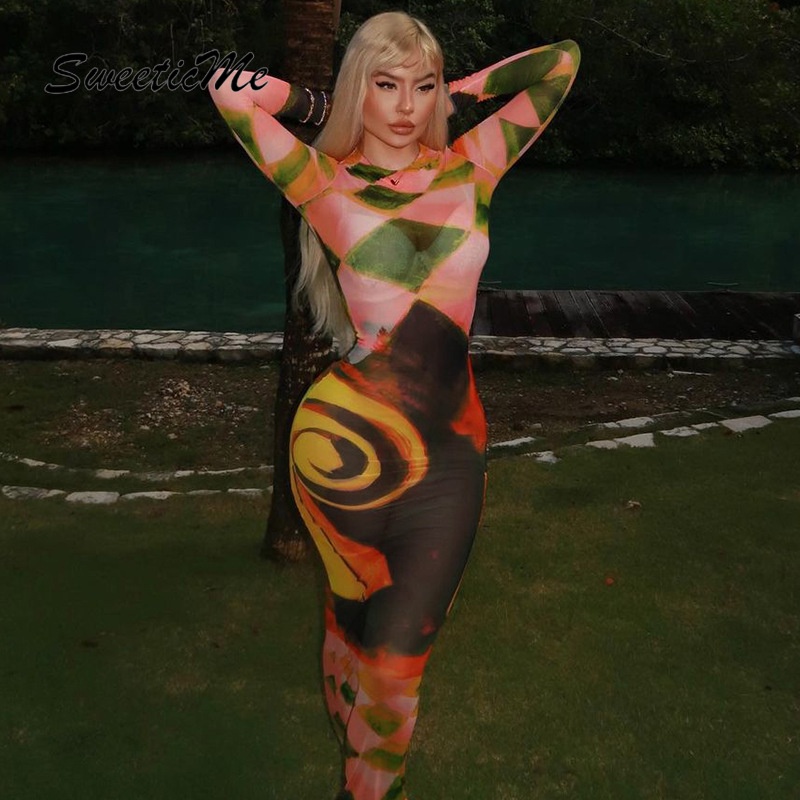 Sweeticme Đầm Dài Tay Cổ Tròn Phối Màu Tương Phản Thời Trang 2023 Cho Nữ