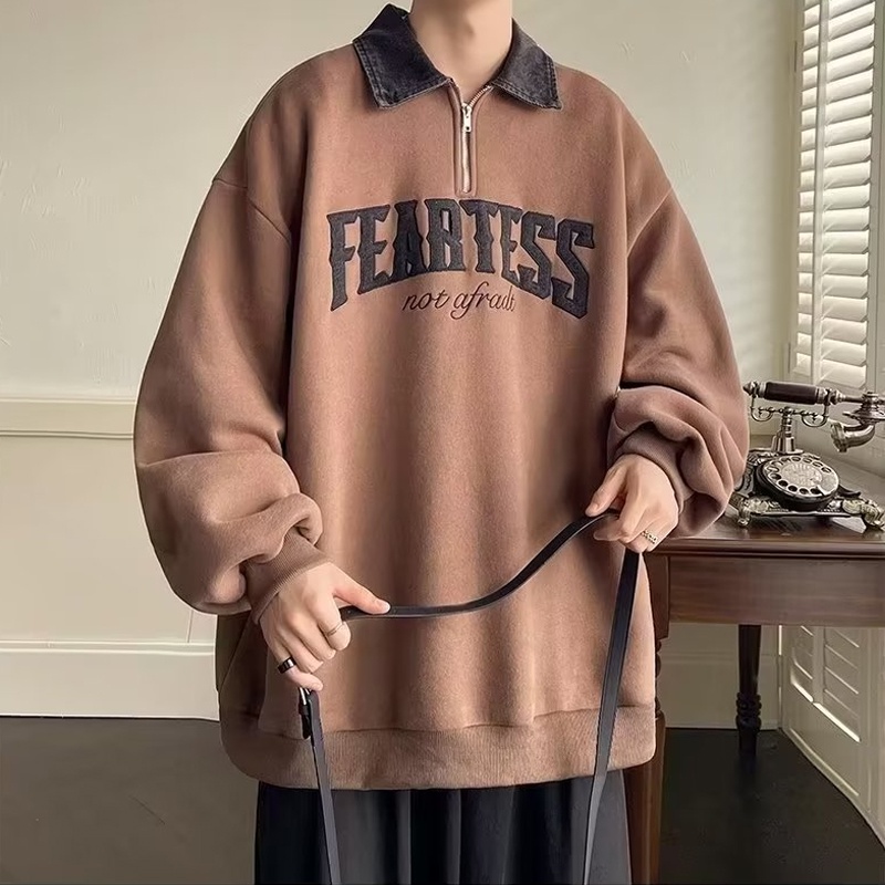 Áo polo Tay Dài Có Khóa Kéo Dáng Rộng Thời Trang Hàn Quốc Cho Nam