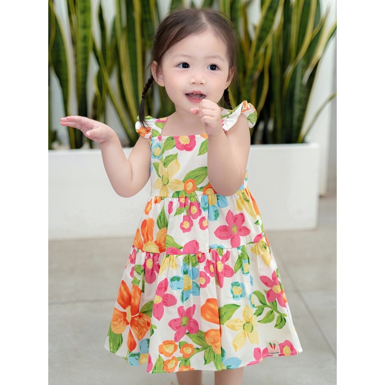 Váy Bé Gái CARROT Hai Dây Cánh Tiên, Họa Tiết Hoa Cam To, Chất Liệu Thô Cotton Thấm Hút Mồ Hôi Tốt
